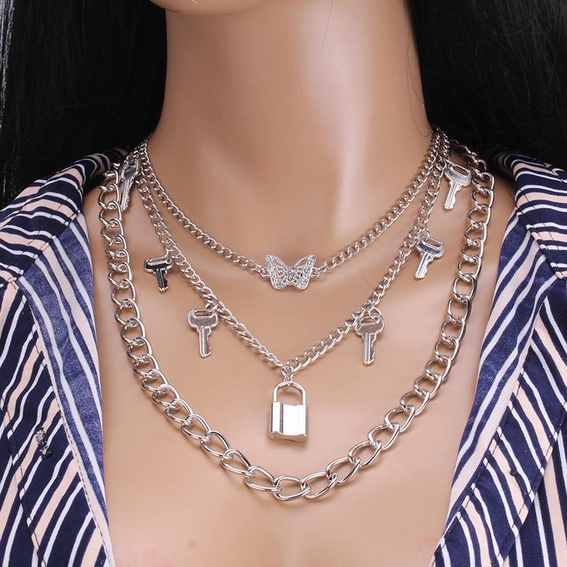 Minority Design Diamond Butterfly Necklace Female Simple Versatile Padlock Key Pendant Clavicle Chain Multi-layer Set Chain