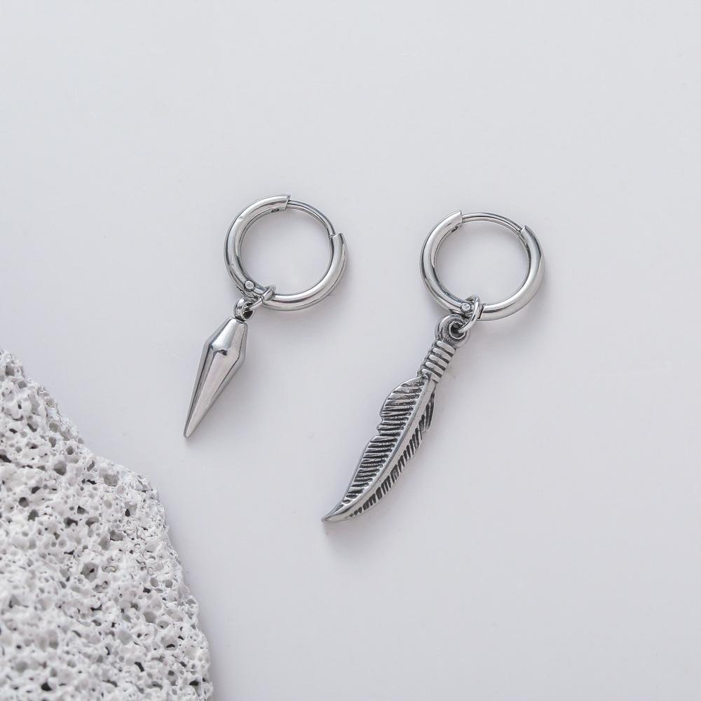 Trend personality niche fashion men's stainless steel asymmetric rivets feather earrings earrings earrings earrings