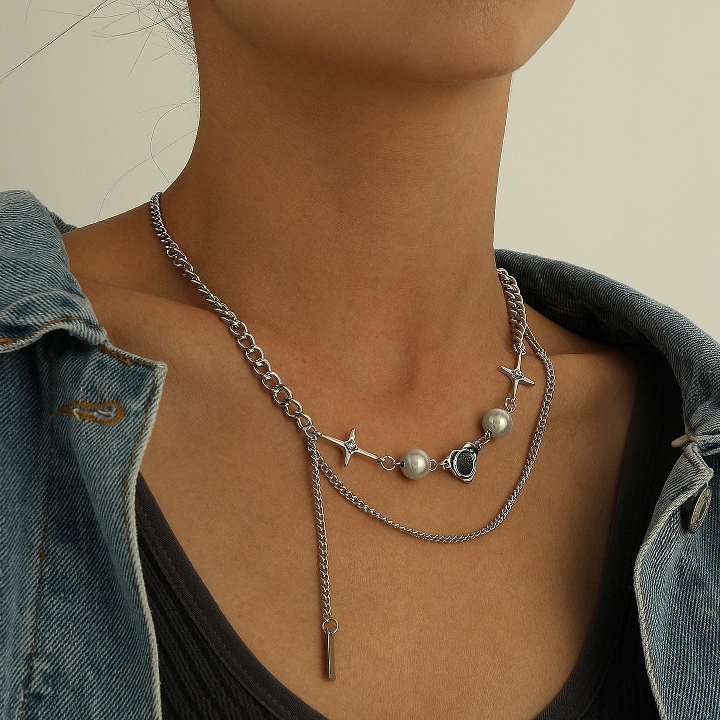 Jewelry punk trendy word tassel pendant necklace female luminous pearl diamond star pendant