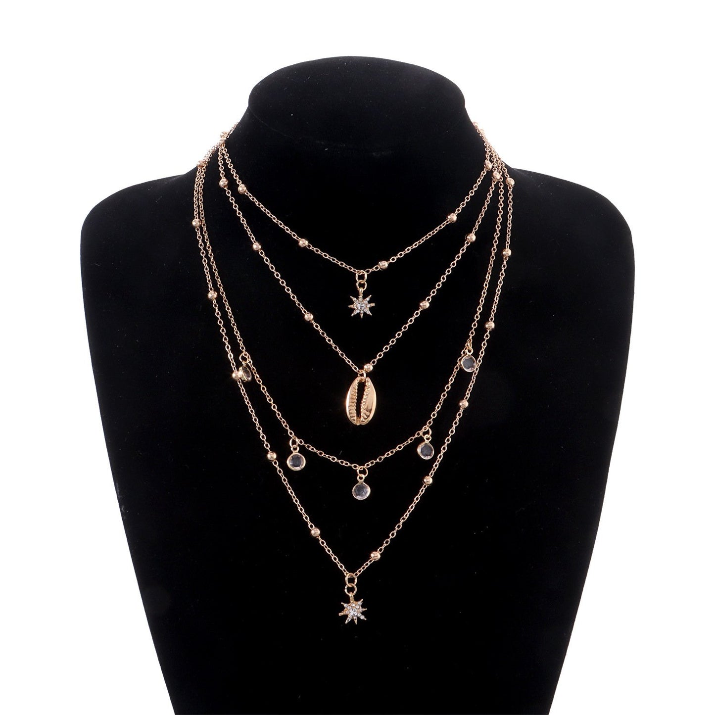 Jewelry Ladies Full Diamond Hexagram Pendant Necklace Multilayer Hip Hop Retro Rhinestone Shell Jewelry