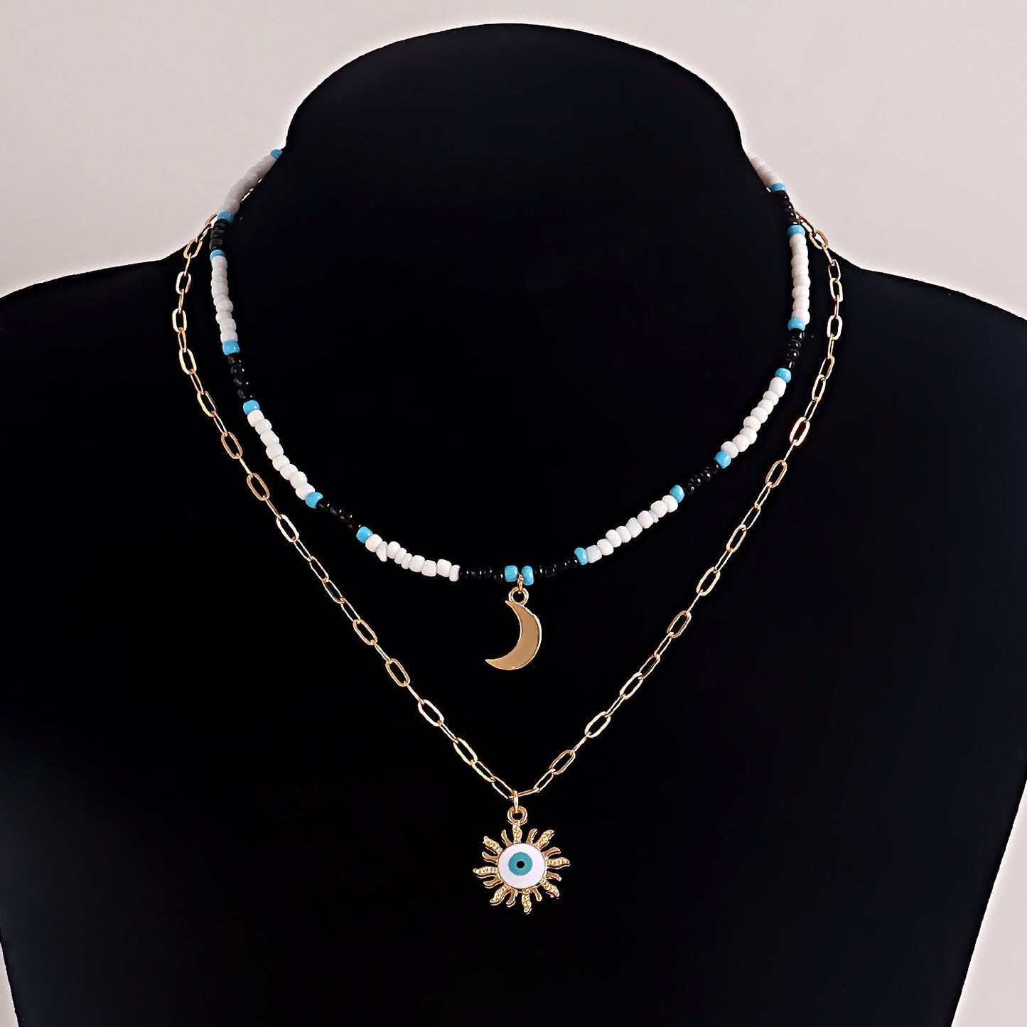 Jewelry bohemian mix and match color rice bead crescent moon devil's eye pendant necklace female