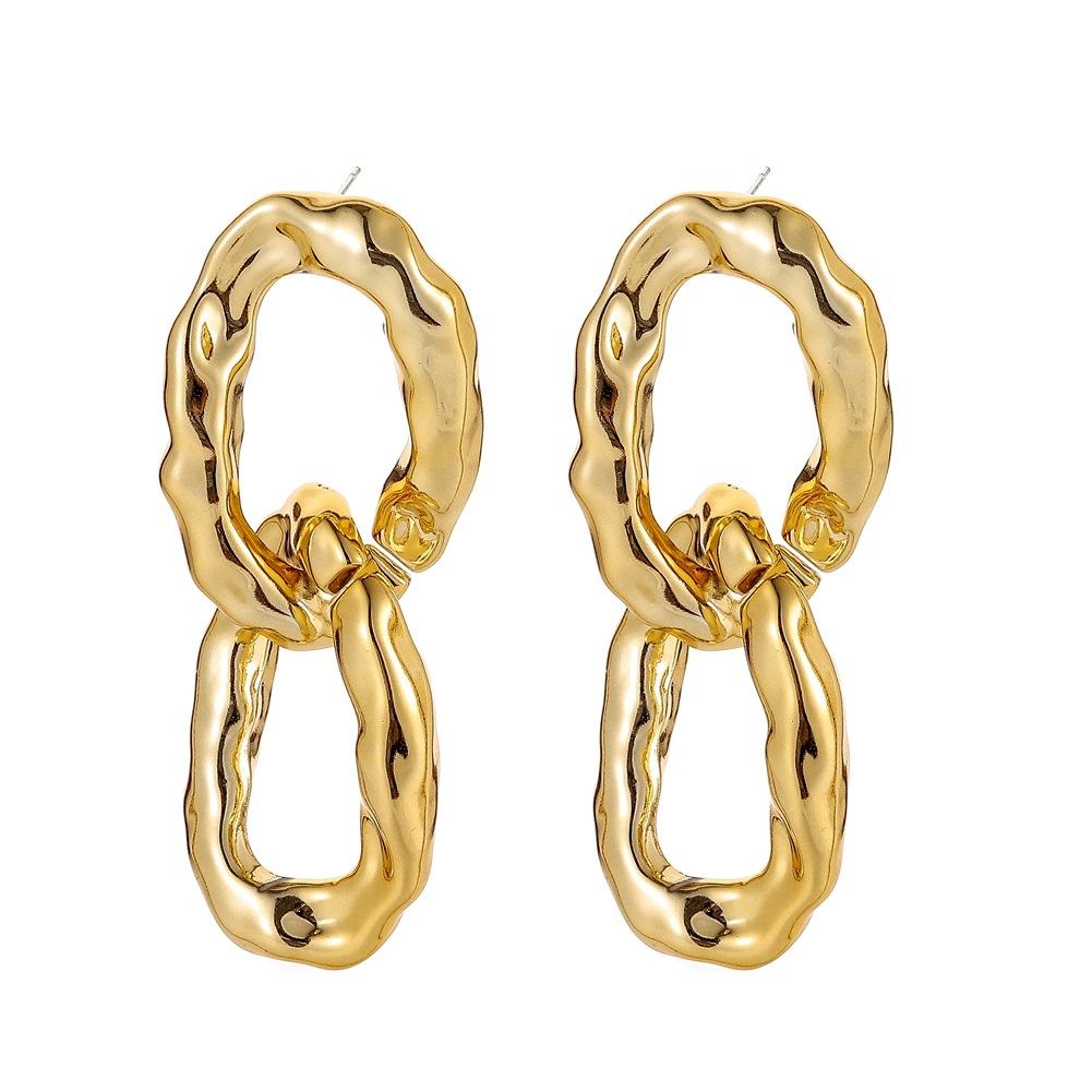 Autumn and winter fashion CCB exaggerated double-ring earrings 18K gold metal texture hip-hop chain earrings