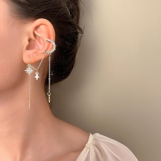 Moon Splashing Star River Long Tassel Earline Earbone Clip Women's Fashion Light Luxury Micro-inlaid Zircon Moon Ear Clip Without Pierced Ears