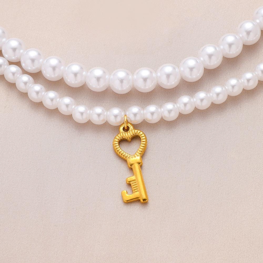 Double Pearl Necklace Titanium Steel 18K Gold Key Pendant Dignified Atmosphere Clavicle Chain