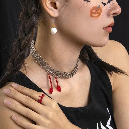 Jewelry Sweet Cool Dark Halloween Red Imitation Crystal Necklace Personality Mesh Chain Necklace