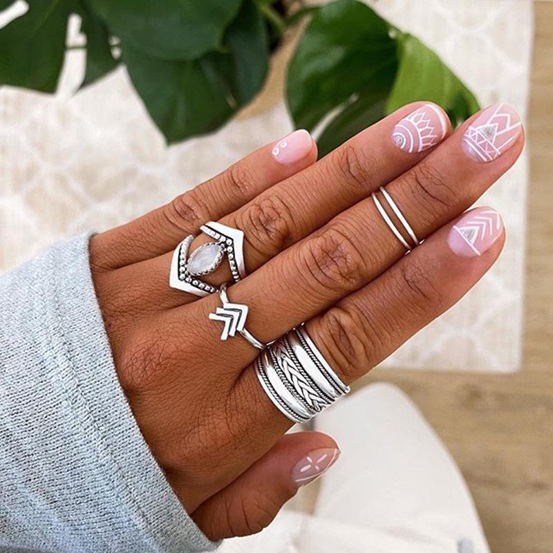 Retro Resin Arrowhead Alloy Ring Ethnic Plating Ancient Silver Knuckle Ring Set of 4 Jewelry