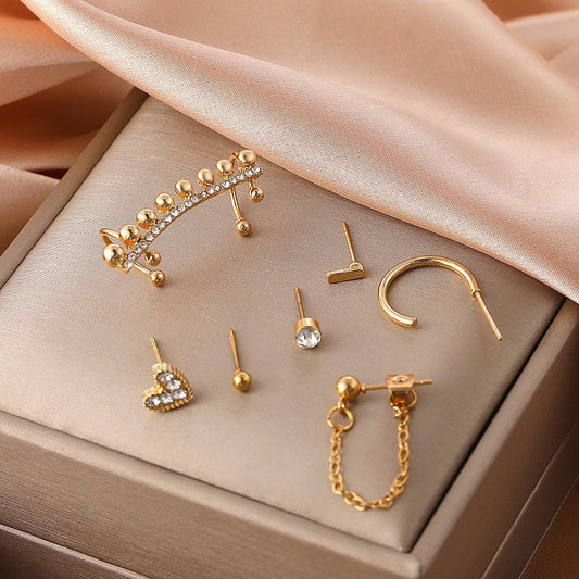 Zircon earring set fashion ins metal ear piercing love chain ear clip one-piece 7-piece set