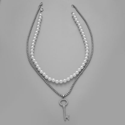 Titanium Steel Pearl Hip Hop Versatile Men's Necklace Accessories Stacked Punk Stainless Steel Key Simple Pendant