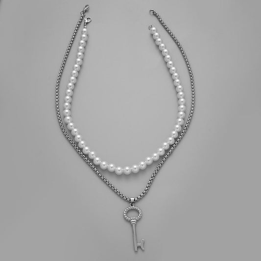 Titanium Steel Pearl Hip Hop Versatile Men's Necklace Accessories Stacked Punk Stainless Steel Key Simple Pendant