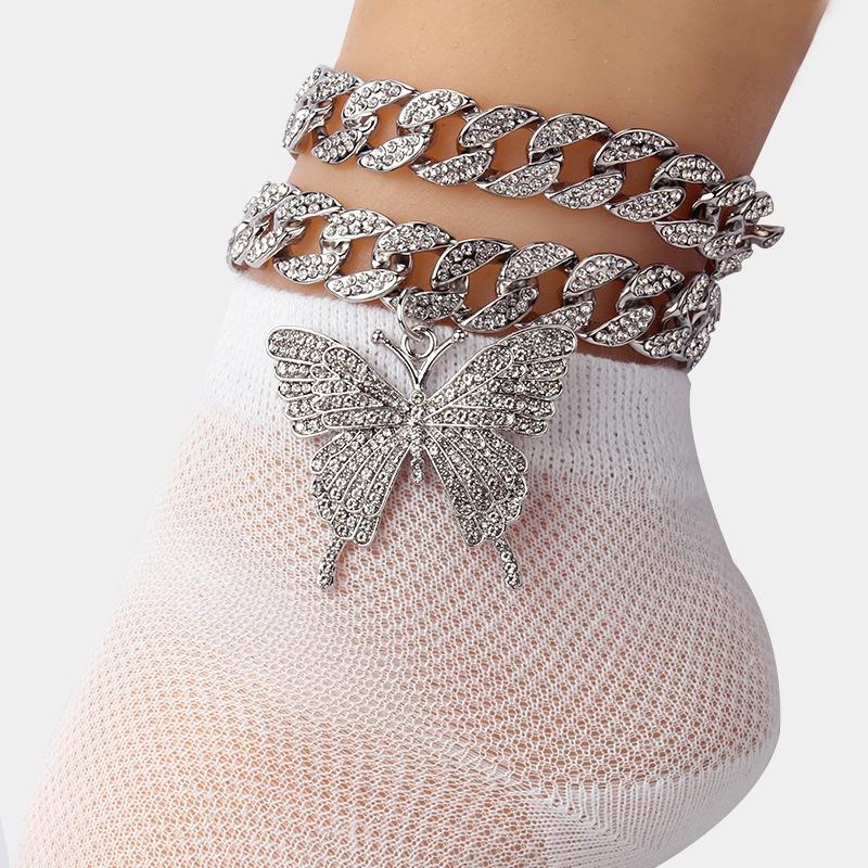 Creative Diamond Big Butterfly Pendant Anklet Women's Fashion Shiny Two-piece Set Diamond Foot Jewelry