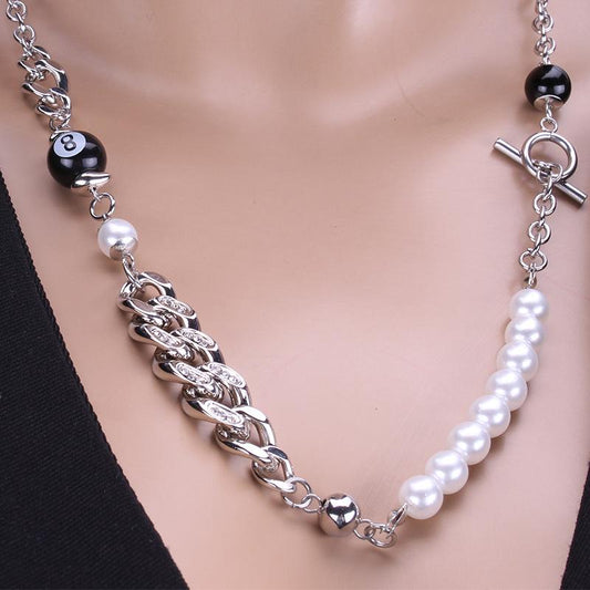 Short sweater chain hip-hop glass pearl diamond necklace stitching OT buckle stainless steel necklace