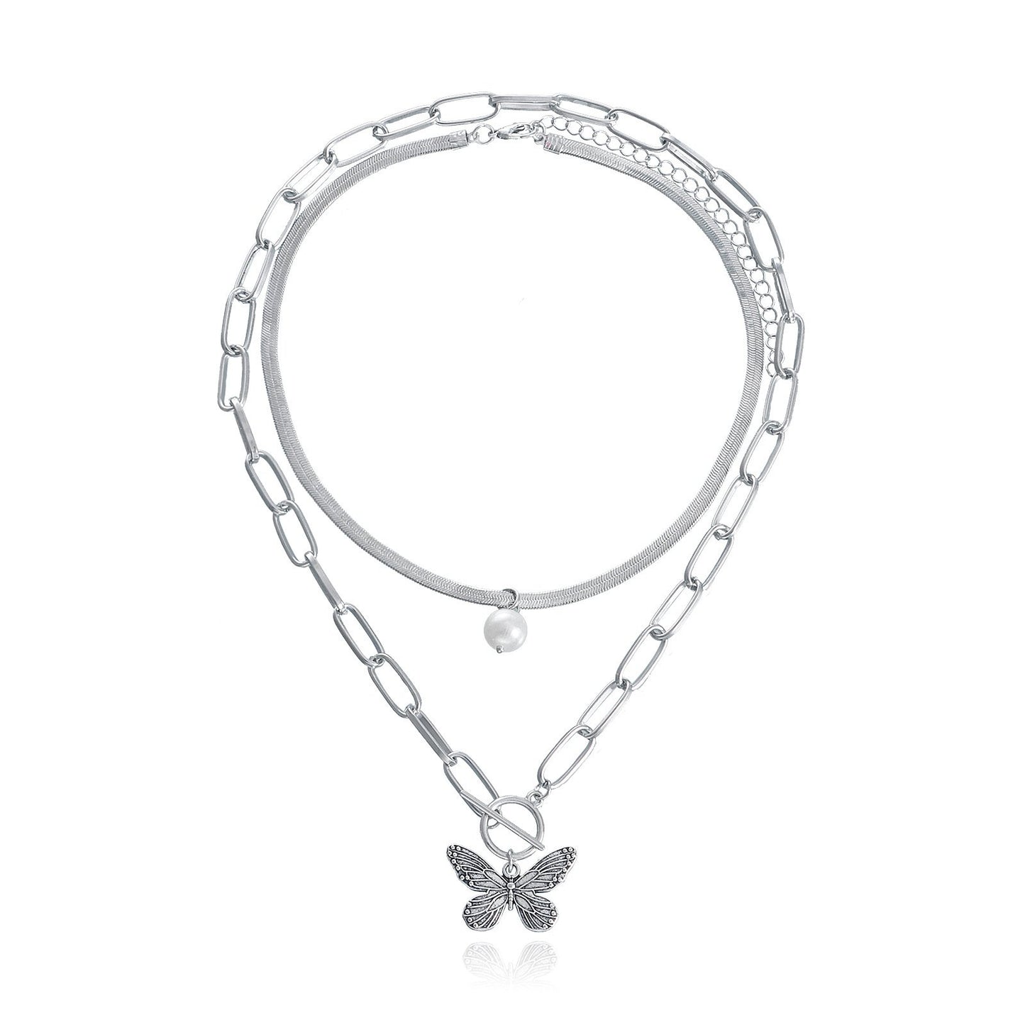 Jewelry ins fashion double bamboo snake bone chain OT buckle pearl stripe butterfly pendant necklace female