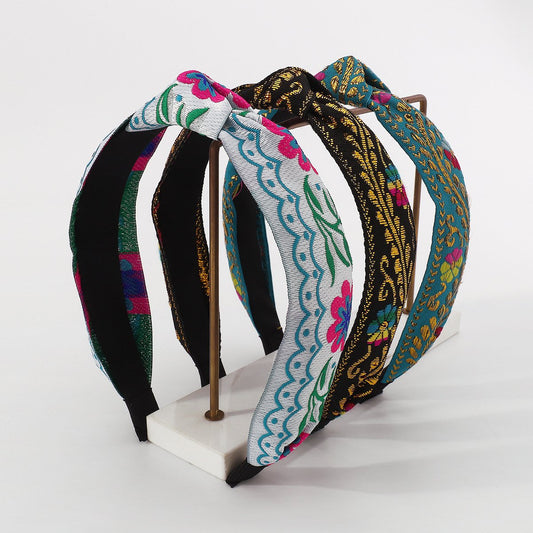 F4545 Ethnic Embroidery Geometric Flower Fashion Headband Retro Leaf Net Red Fabric Knotted Personality Headband