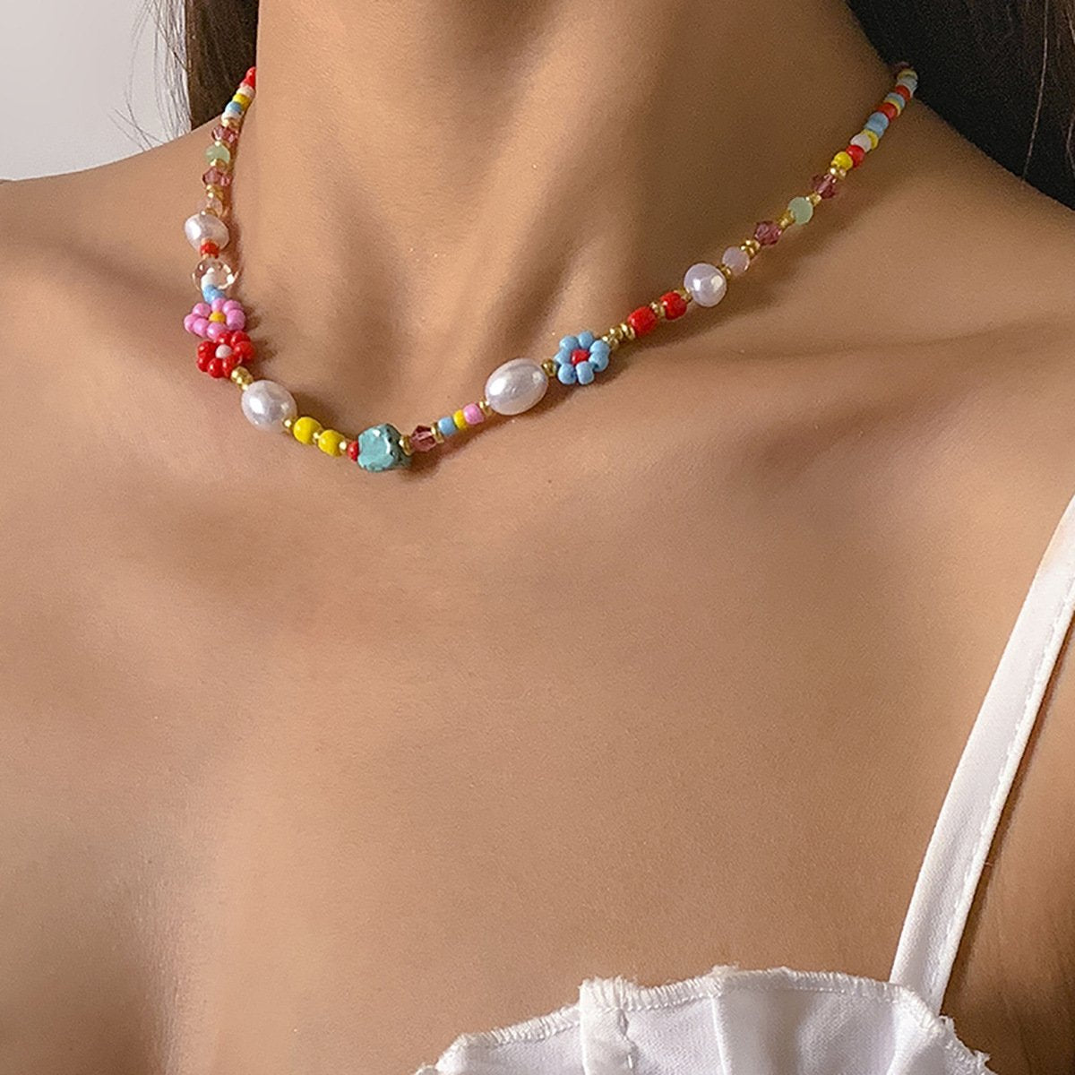 Bohemia Vacation Small Daisy Flower Necklace Simple Colorful Rice Beads Beaded Necklace Women