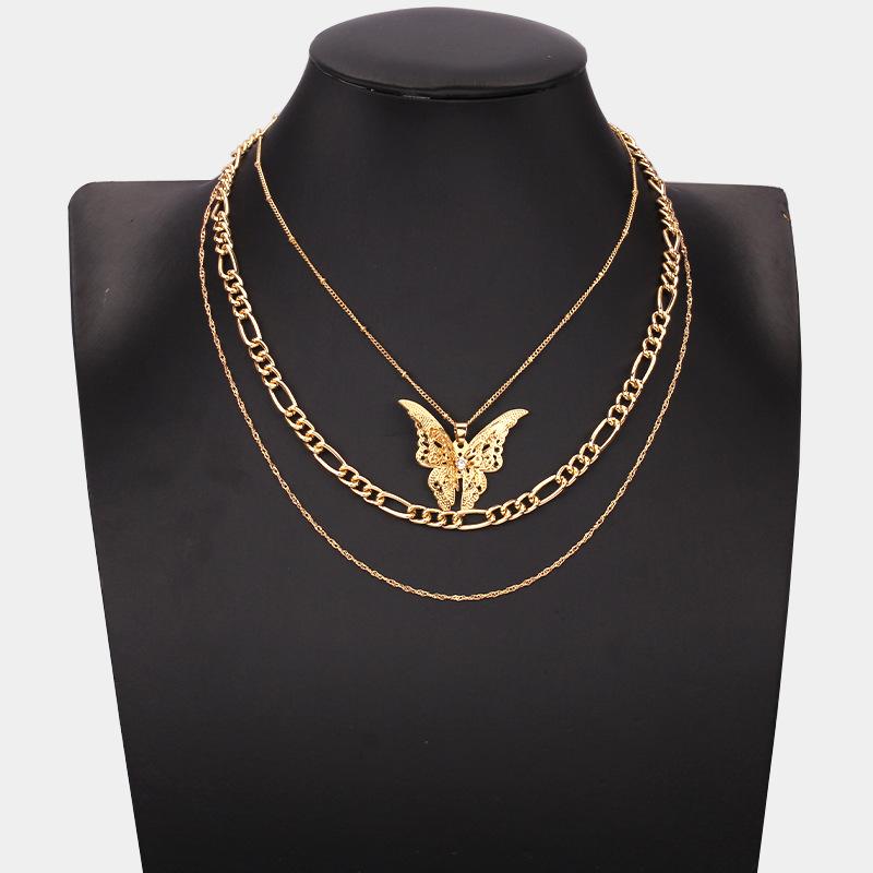 Fashion all-match necklace trend personality multi-layer chain with diamond big butterfly pendant necklace neck chain