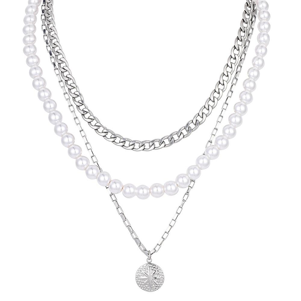 Steel color multi-layer stainless steel pearl chain exquisite sun coin pendant necklace hip-hop personality titanium steel chain
