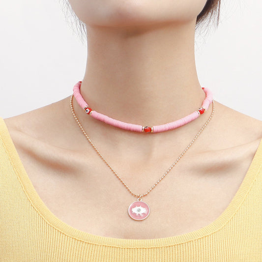 Jewelry Bohemia double-layer solid color soft pottery devil's eye pendant necklace female choker