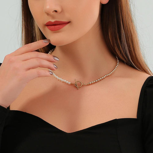 Special-shaped splicing pearl necklace clavicle chain OT buckle net red retro simple necklace accessories for women
