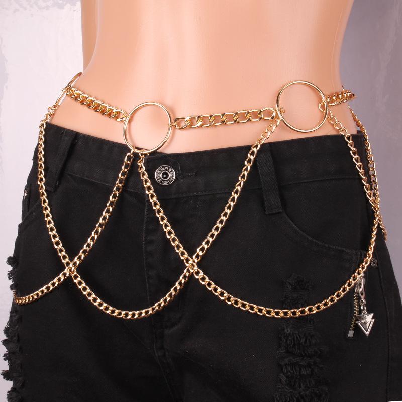 Simple and versatile sexy waist chain ins exaggerated chain tassel geometric ring body chain