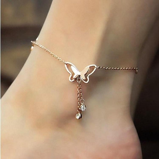 Jewelry Summer Beach Butterfly Anklet Temperament Butterfly Rhinestone Tassel Rose Gold Anklet Female