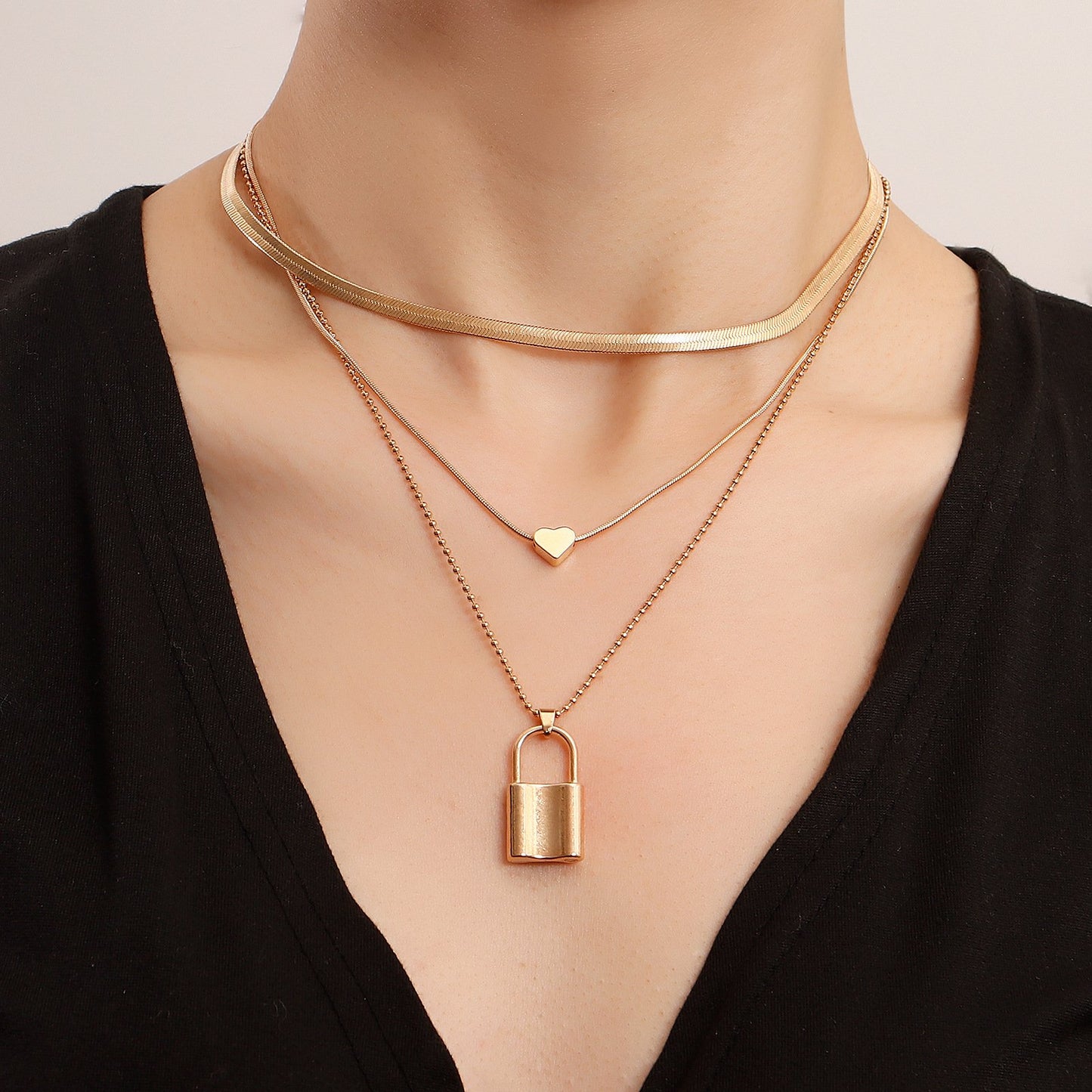 Jewelry Punk Multilayer Flat Snake Chain Padlock Love Pendant Necklace Women's Sweater Chain Advanced Sense Necklace