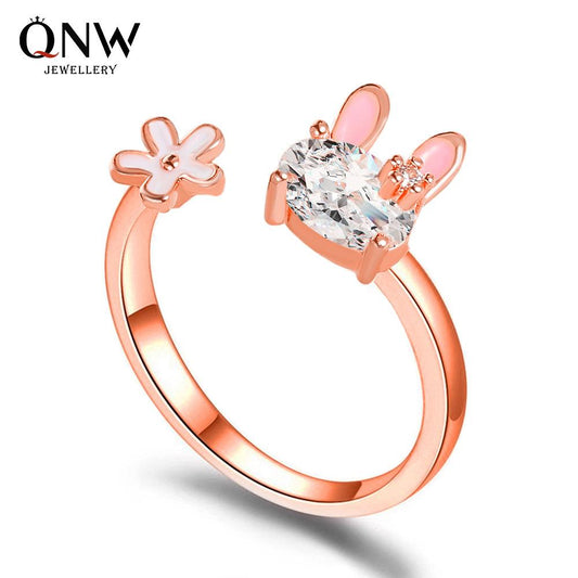 Cute little rabbit ring sweet girl heart flower index finger ring women's ins net red open ring