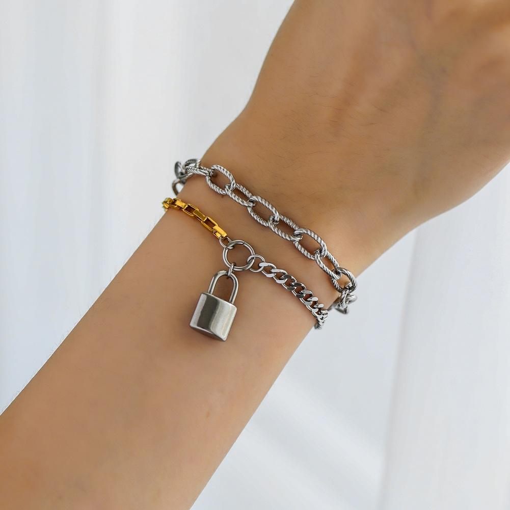 Hong Kong titanium steel hand jewelry ins simple creative two-color chain lock pendant double-layer bracelet street trend