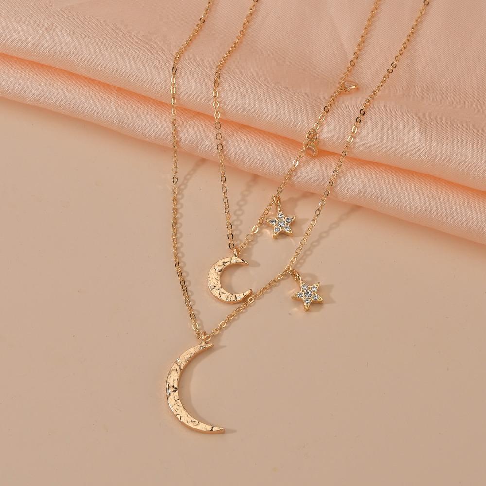 Vintage Rhinestone Star Moon Pendant Necklace Fashion Multilayer Necklace Ladies Jewelry