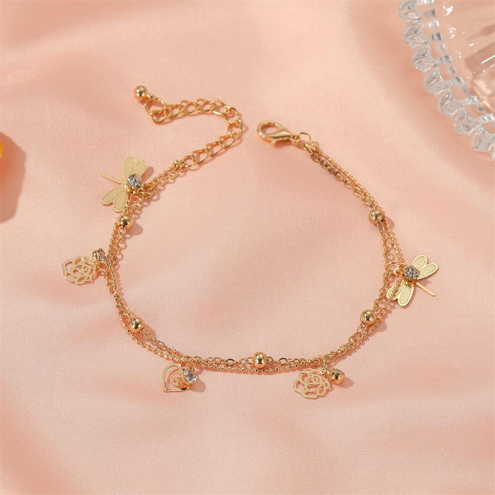 Summer Beach Foot Decoration Temperament Rose Dragonfly Anklet Fashion Ladies Double Layer Anklet