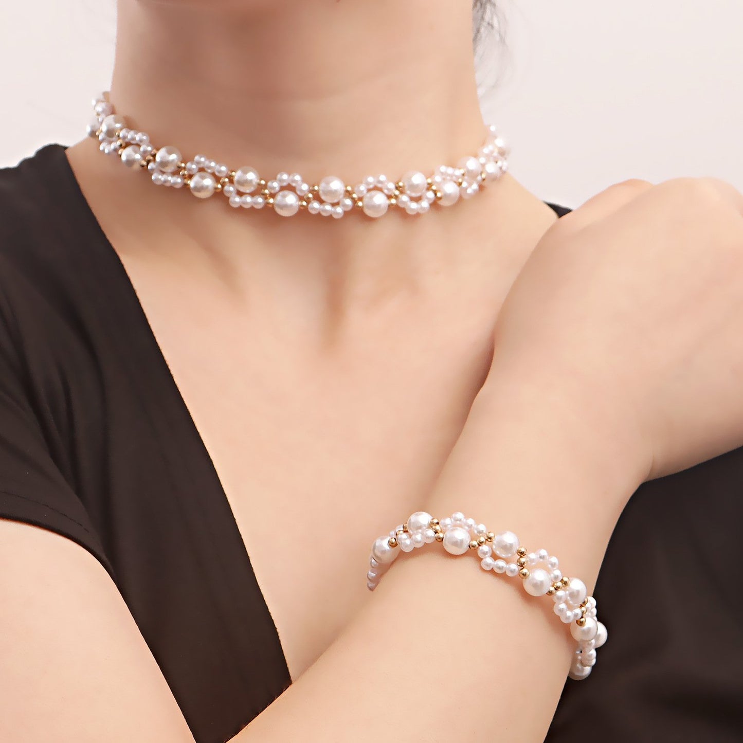 Jewelry Handwoven Imitation Pearl Necklace ins Bracelet Set Female Versatile Jewelry Choker