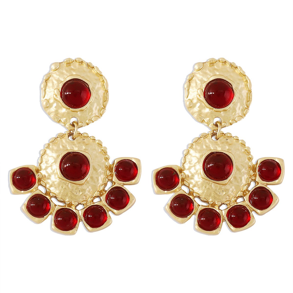 E1124 Chinese Classical Retro Metal Resin Earrings Palace Heavy Industry Elegant Round Gemstone Earrings Female