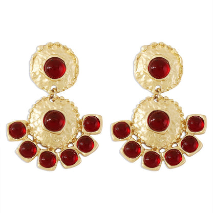E1124 Chinese Classical Retro Metal Resin Earrings Palace Heavy Industry Elegant Round Gemstone Earrings Female