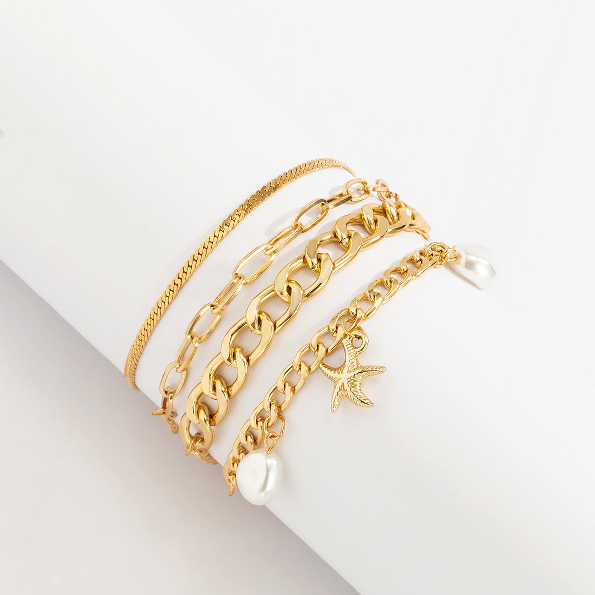 Beach Vacation Starfish Imitation Pearl Bracelet Female Hip Hop Retro Metal Snake Bone Chain Bracelet Set