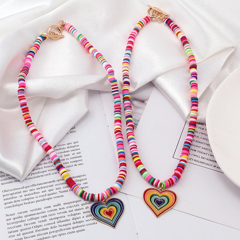 Niche design sense rainbow color soft pottery beaded gradient color love necklace female simple all-match necklace