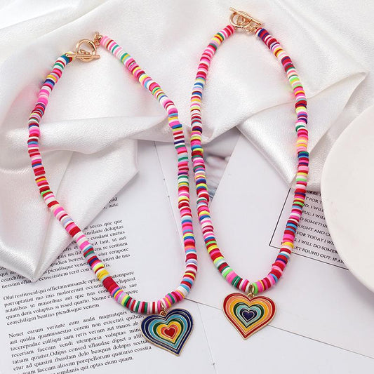 Niche design sense rainbow color soft pottery beaded gradient color love necklace female simple all-match necklace