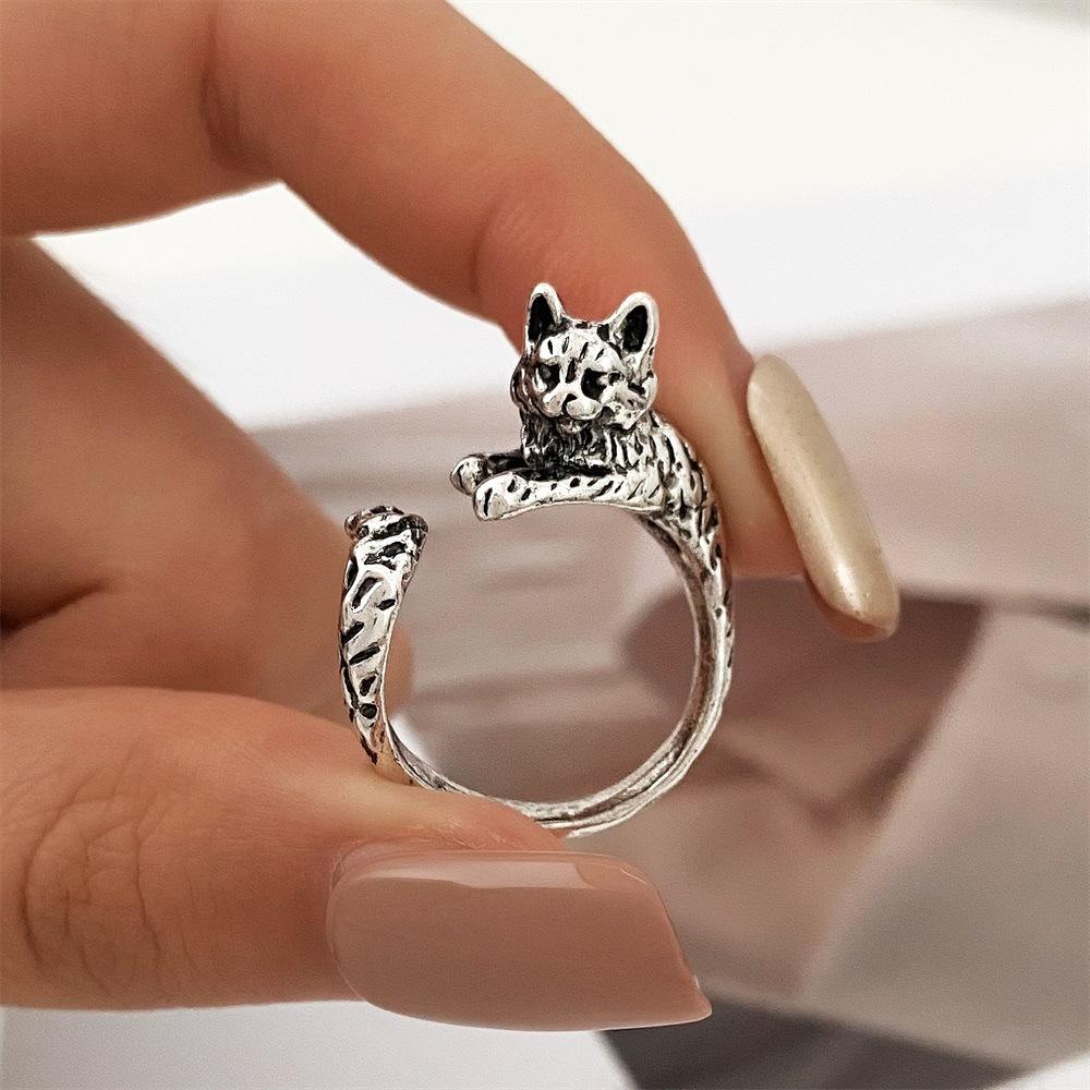 Gothic dark kitten ring male and female retro niche design opening geometric index finger ring animal ring