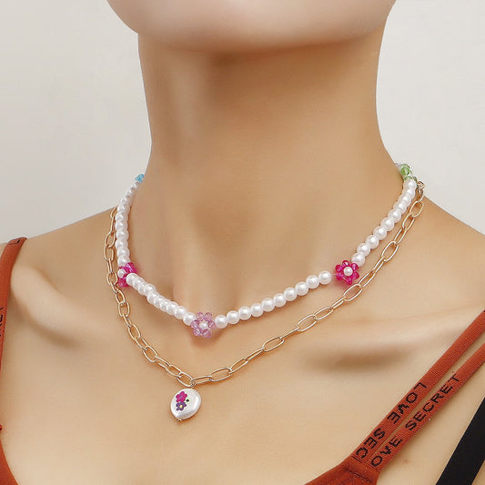 Jewelry oval imitation pearl double-layer clavicle chain women's fashion ins color flower rice bead necklace