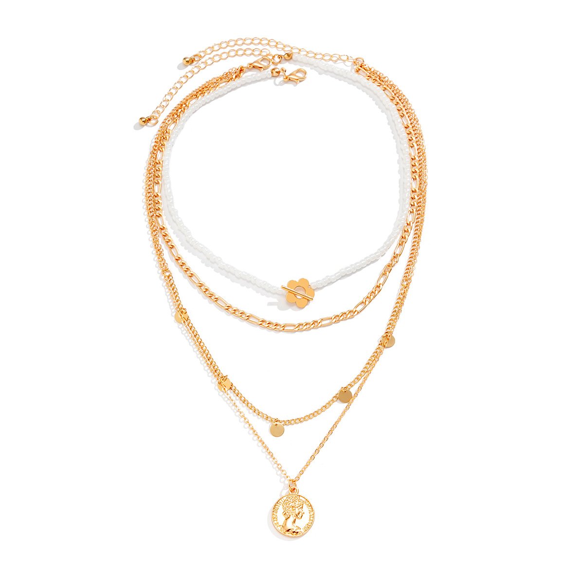 Jewelry Hip Hop Multilayer Metal Figure Pendant Necklace Vintage Sequins Imitation Pearl Clavicle Necklace
