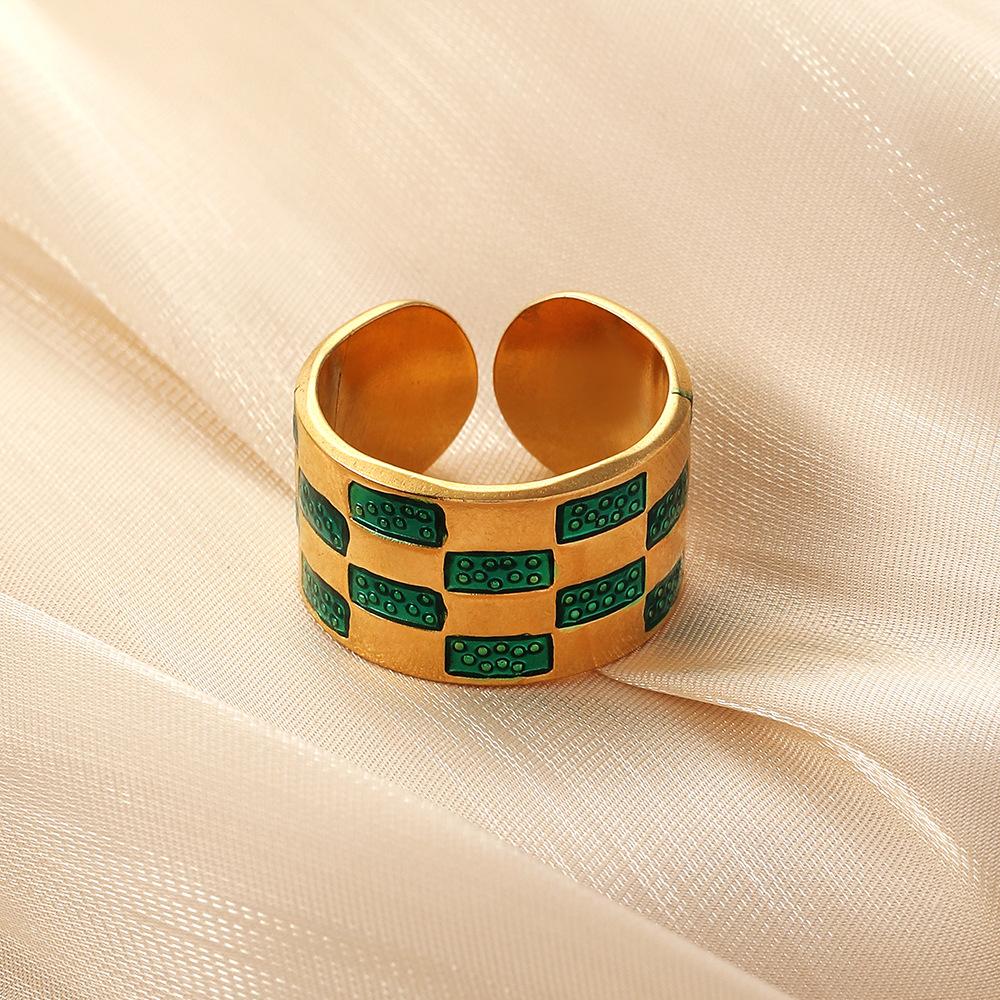 Fashion Simple Checkerboard Drip Oil Design Minority Stainless Steel Ring Original Versatile Women