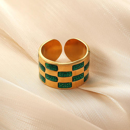 Fashion Simple Checkerboard Drip Oil Design Minority Stainless Steel Ring Original Versatile Women