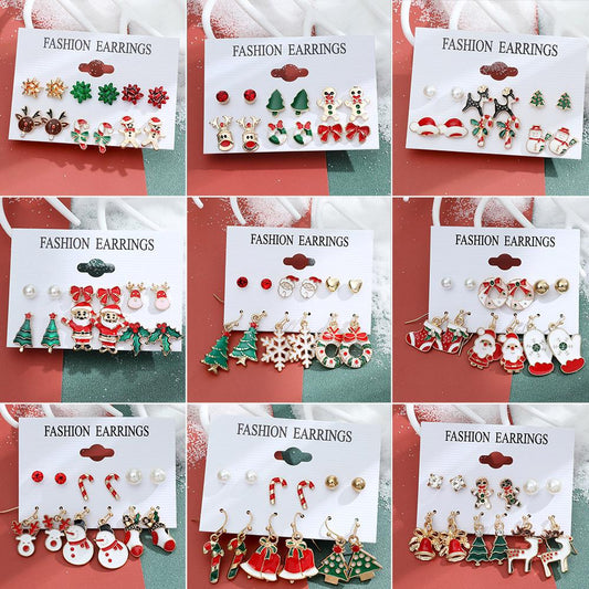 Christmas series snowflake bell earrings combination set cartoon oil dripping cane old man earrings female