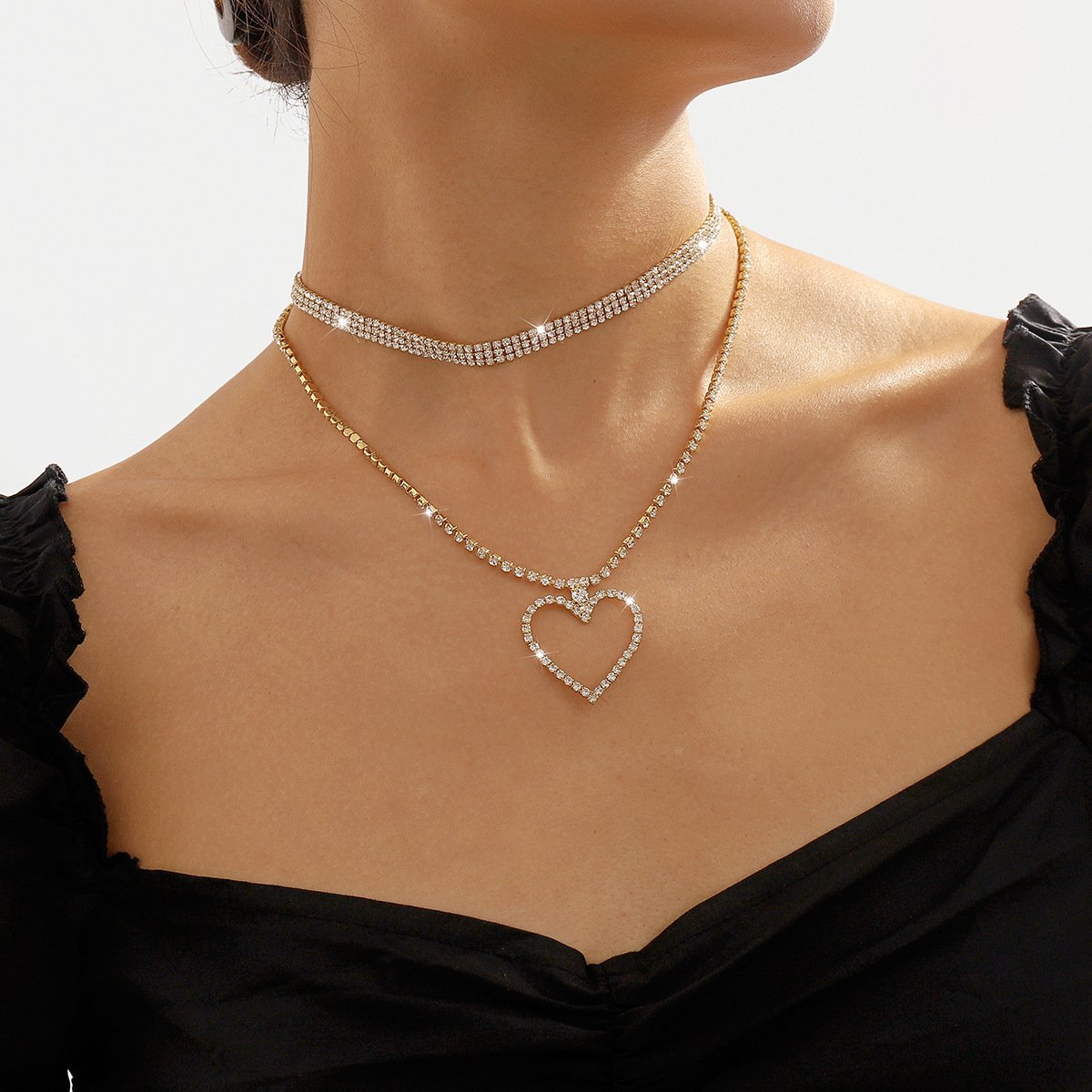 N1882 Light Luxury Sweet Geometric Love Necklace Rhinestone Claw Chain Temperament Minority Elegant Hong Kong Necklace