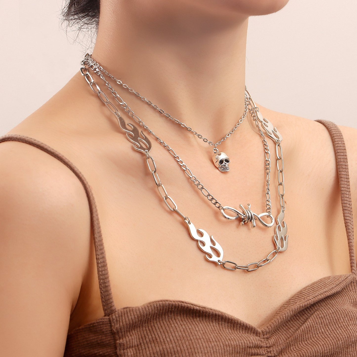 Jewelry punk multi-layer flame shape ins metal necklace female skull clavicle chain necklace
