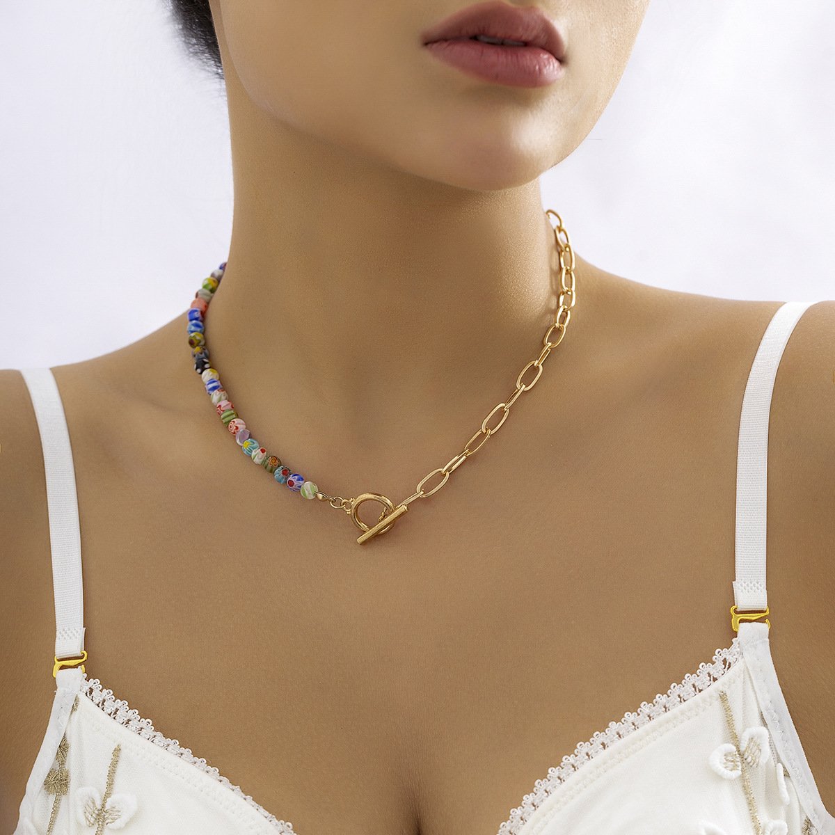 Jewelry Simple Asymmetric Printed Bead Necklace Female Niche Cross Chain OT Buckle Necklace