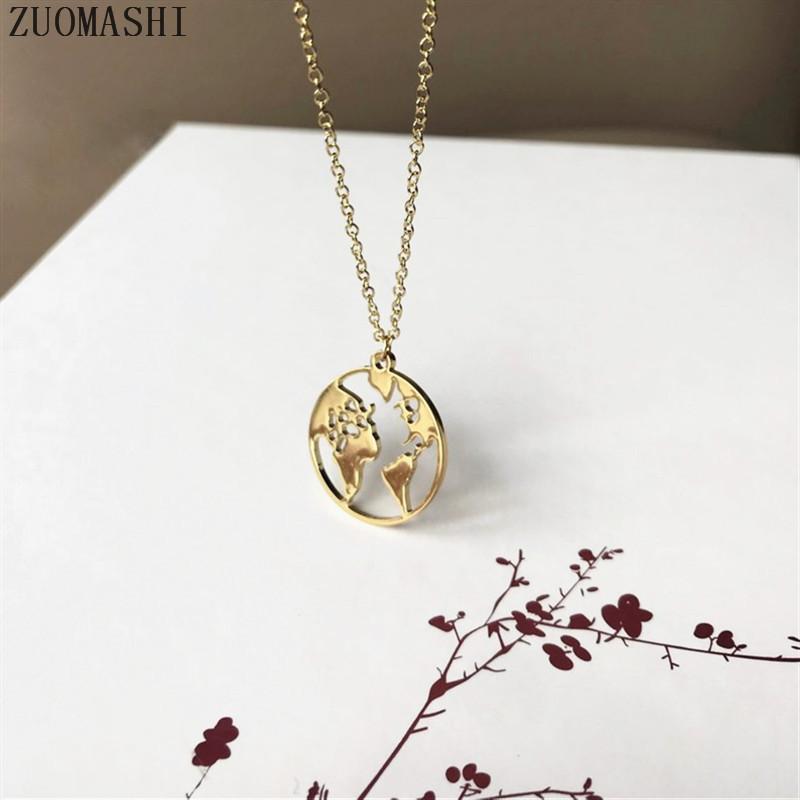 Stainless Steel World Map Necklace Geometric Round Hollow World Map Clavicle Chain Stainless Steel Jewelry