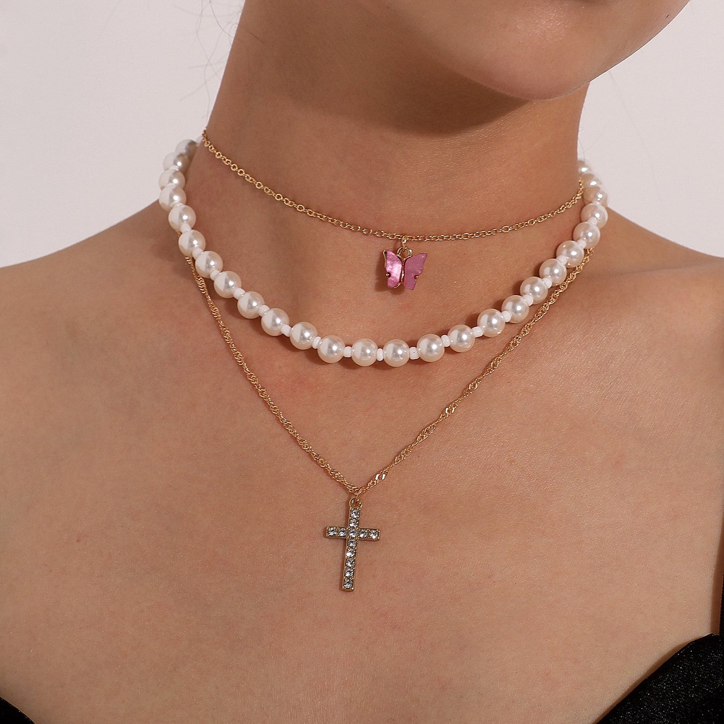 Jewelry Trend Full Diamond Cross Pendant Necklace Female Acrylic Butterfly Pearl Necklace