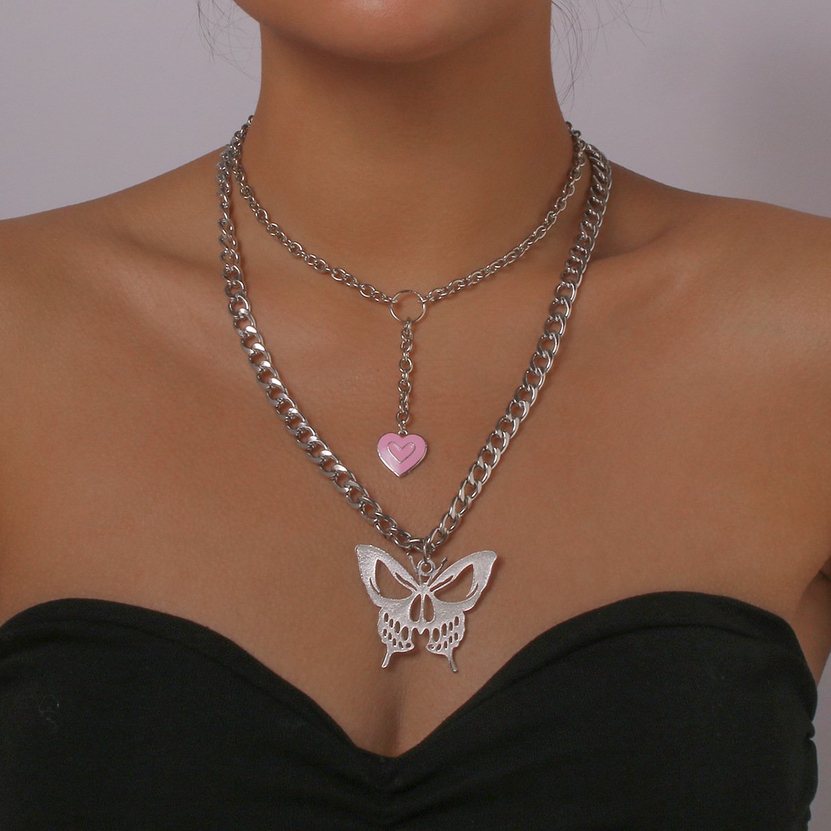 N9983 Exaggerated Punk Chain Necklace Creative Hollow Butterfly Drip Oil Heart Necklace Double Stacked Necklace