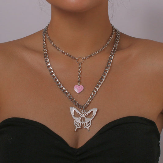 N9983 Exaggerated Punk Chain Necklace Creative Hollow Butterfly Drip Oil Heart Necklace Double Stacked Necklace