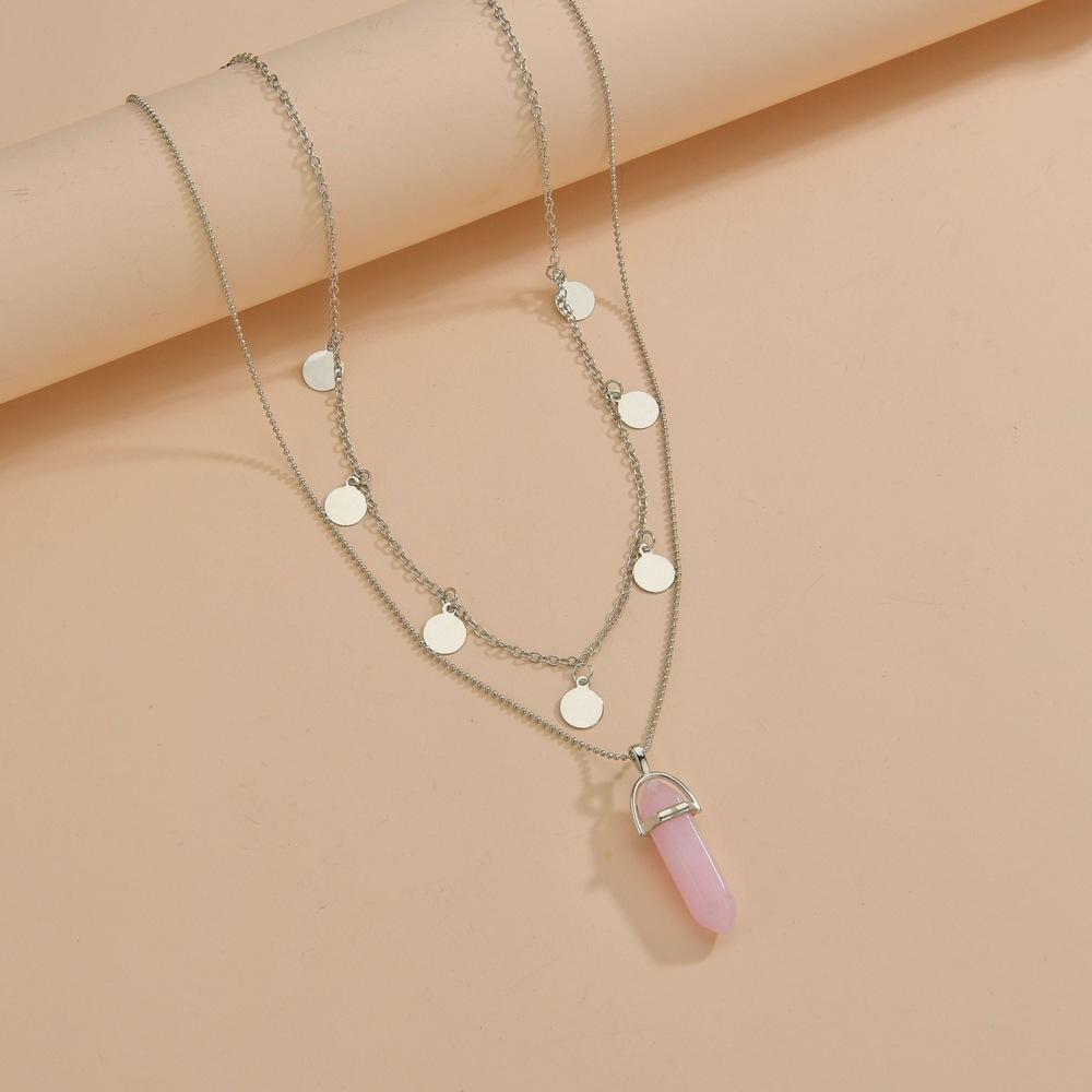 Fashion Retro Resin Hexagon Pillar Pendant Necklace Round Iron Plate Clavicle Chain Necklace Accessories