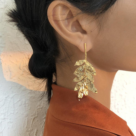 E1 Creative Fashion Personality Earrings Multi-layered Leaf Vintage Earrings Metal Texture Tassel Earrings